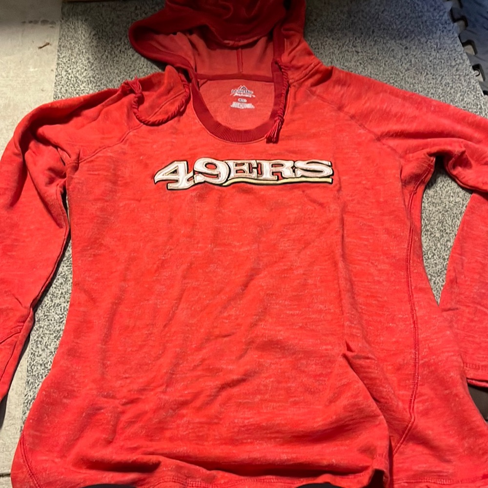 Woman’s long sleeve 49ers shirt with hood.
